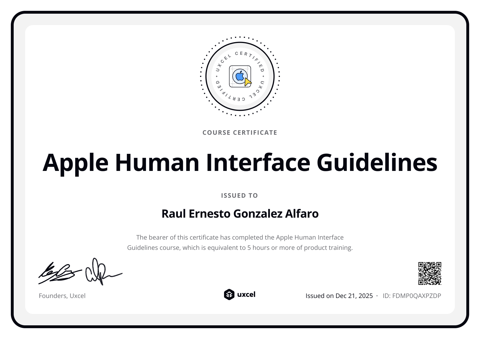 Raul Ernesto Gonzalez Alfaro's certificate